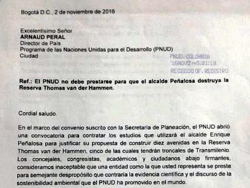 Carta al PNUD, solicitando retiro y apoyo a Reserva Van der Hammen, logra su cometido Carta al PNUD, solicitando retiro y apoyo a Reserva Van der Hammen, logra su cometido